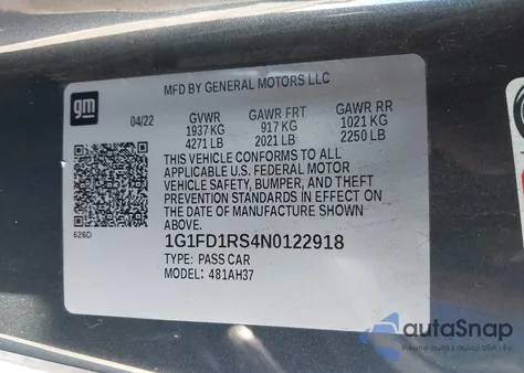 2022 Chevrolet Camaro Rwd 2Lt z USA, uszkodzony, nr VIN 1G1FD1RS4N0122918